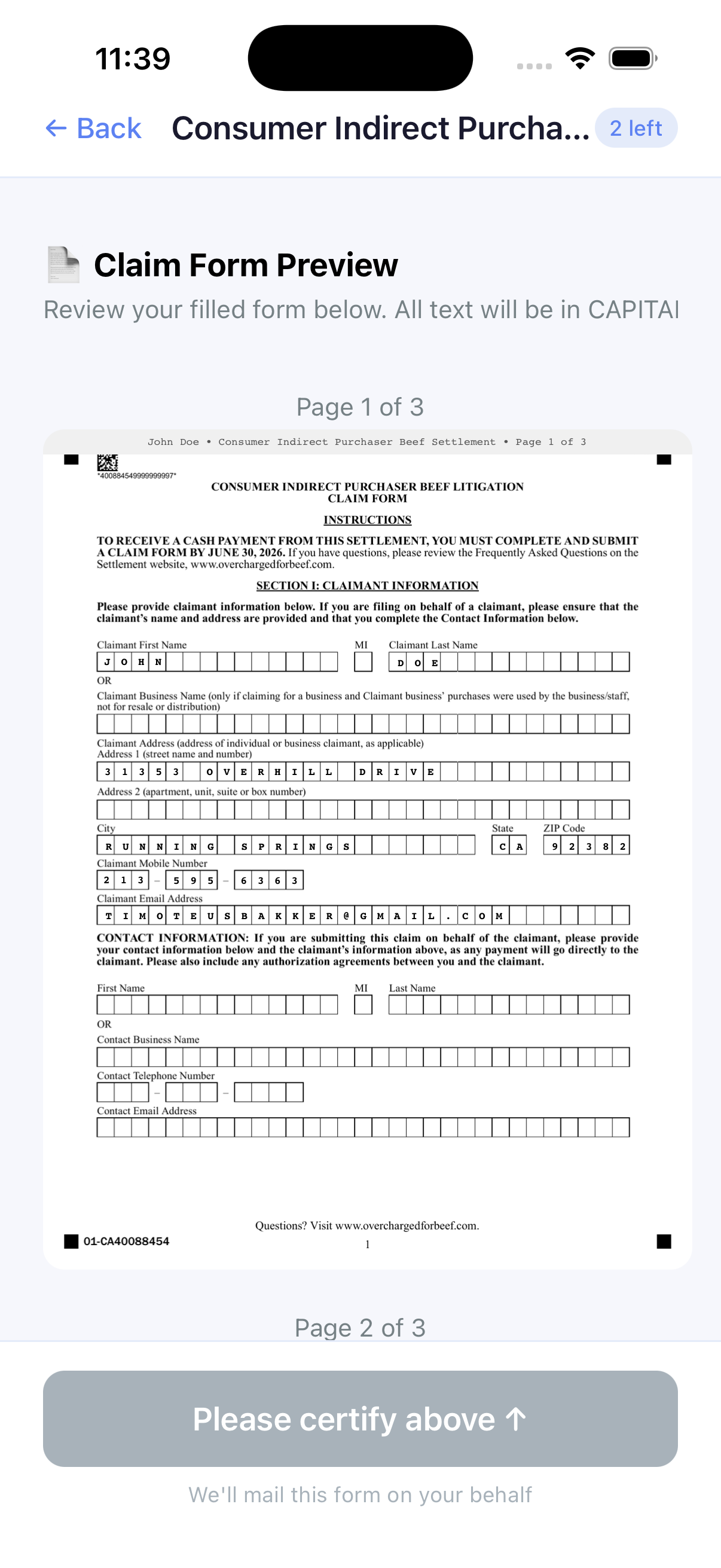 Live PDF preview of your claim